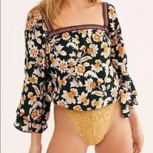 Free People Floral Body Suit Flare Bell Sleeves